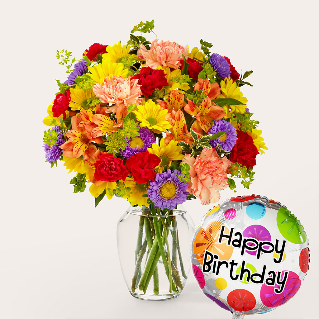 Kaleidoscope Bouquet with Birthday Balloon – Upscale Flowers, Clayton NJ