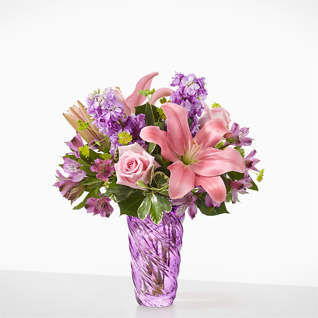 Precious Petals Bouquet with Luxe Swirl Vase – Upscale Flowers, Clayton NJ