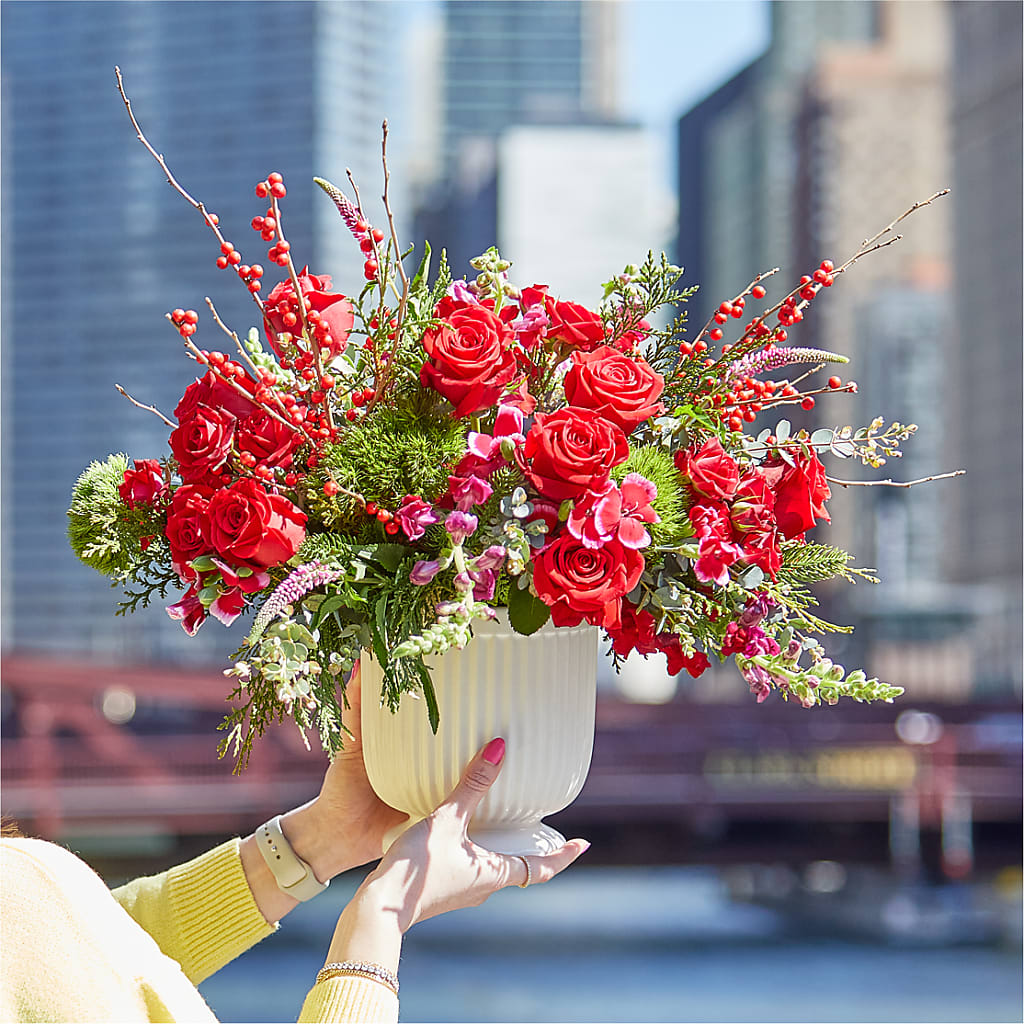 Big Red Bow Bouquet –  Upscale Flowers, Clayton NJ